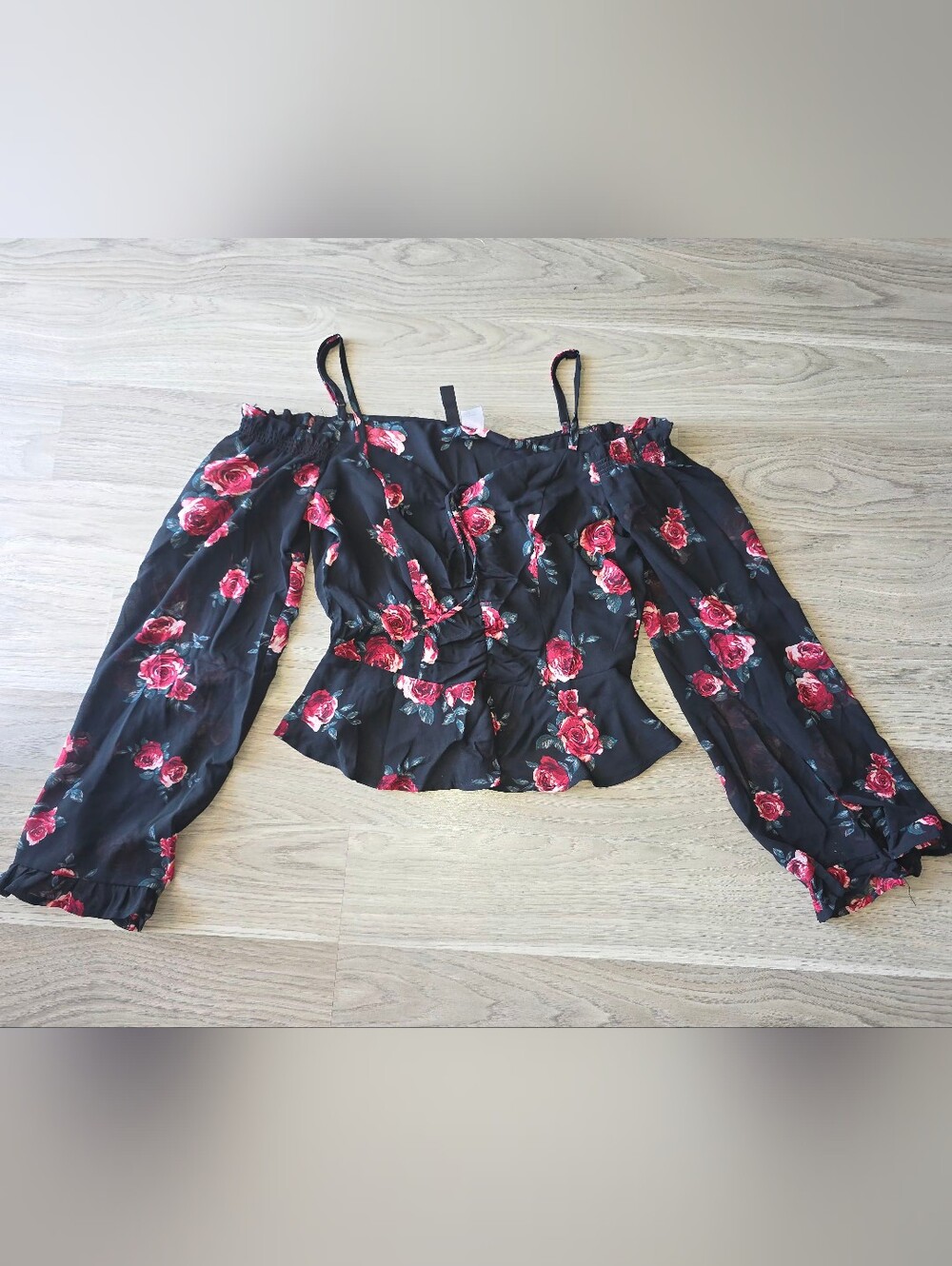 Black Floral Off-Shoulder Blouse with Red Rose Print